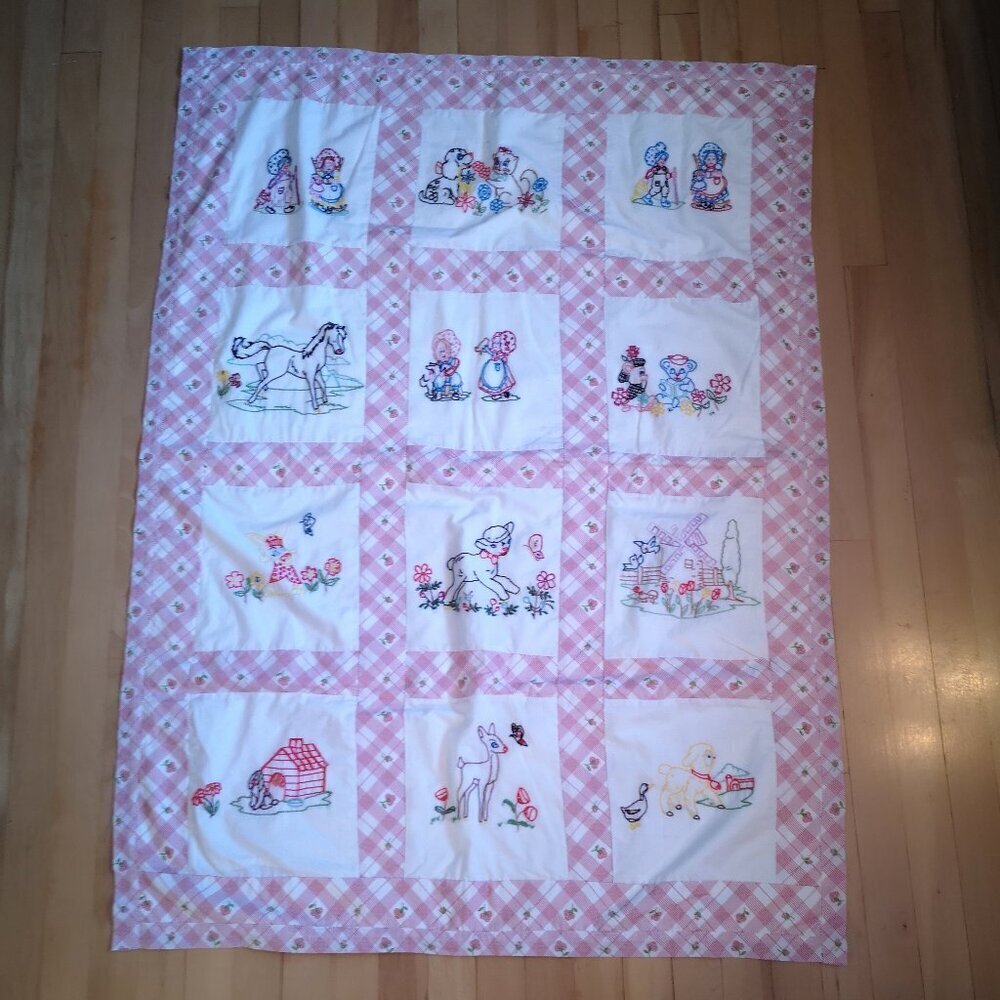 Handmade 35"x 48" Baby Quilt w/ Embroidered Squares Nursery Rhymes Pink & White